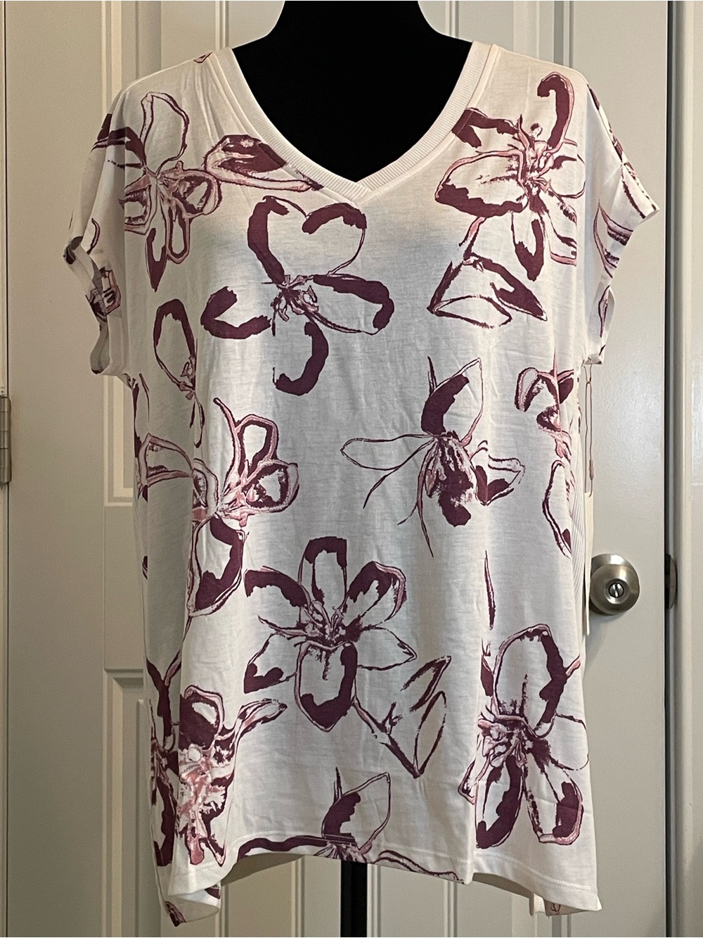 LuLaRoe “Gabby” White V-Neck Top with Plum Floral Print